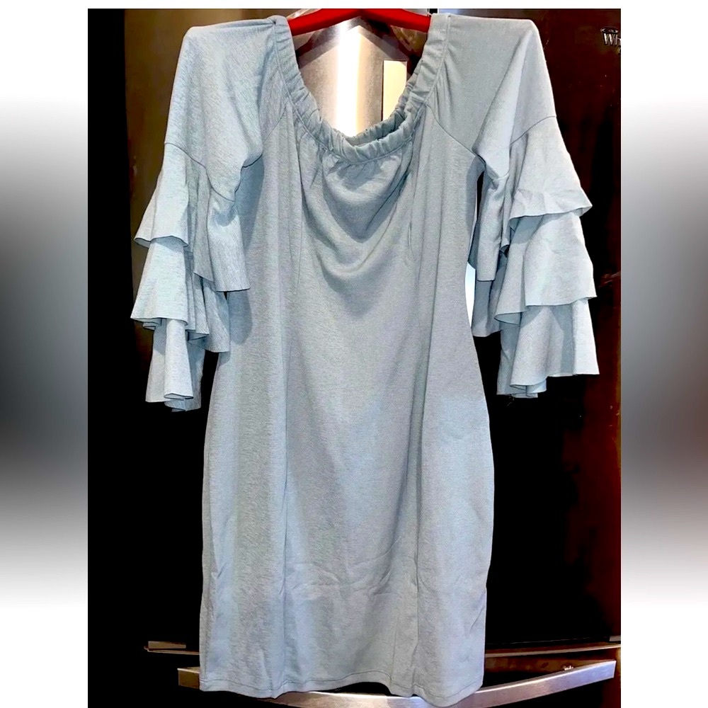 Janette Plus 2X Off Shoulder green Dress Trumpet Ruffle Sleeve SAGE Stretchy new